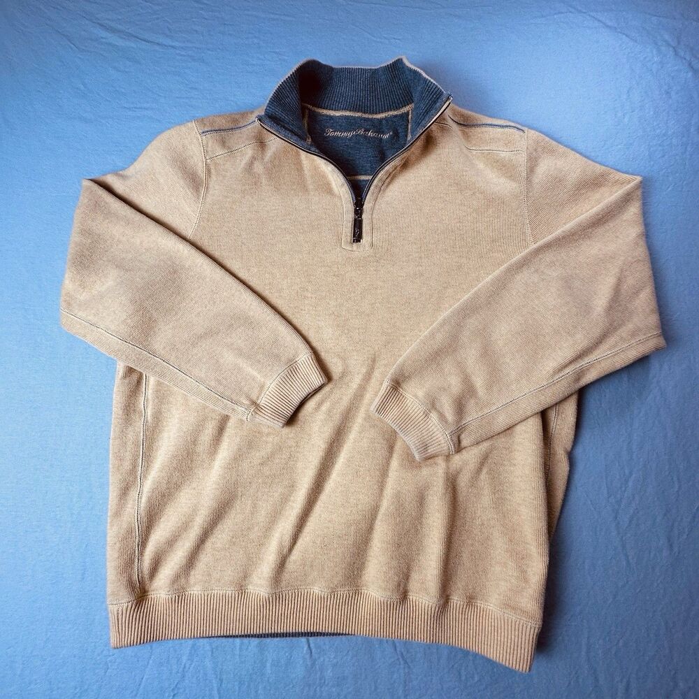 Tommy Bahama 1/4 Zip Reversible Pullover Sweater Size L Yellow Beige Preppy